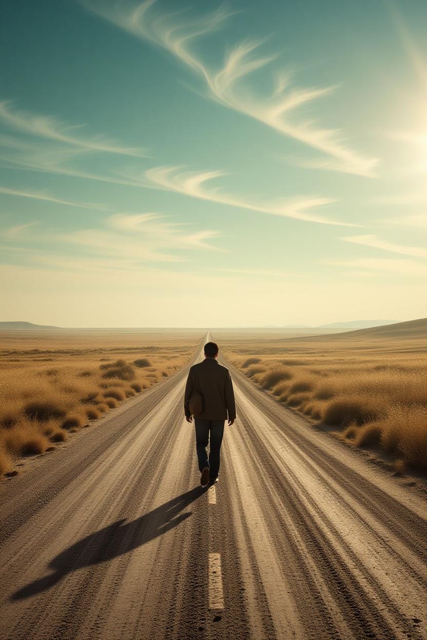A man walks a long, lonely road